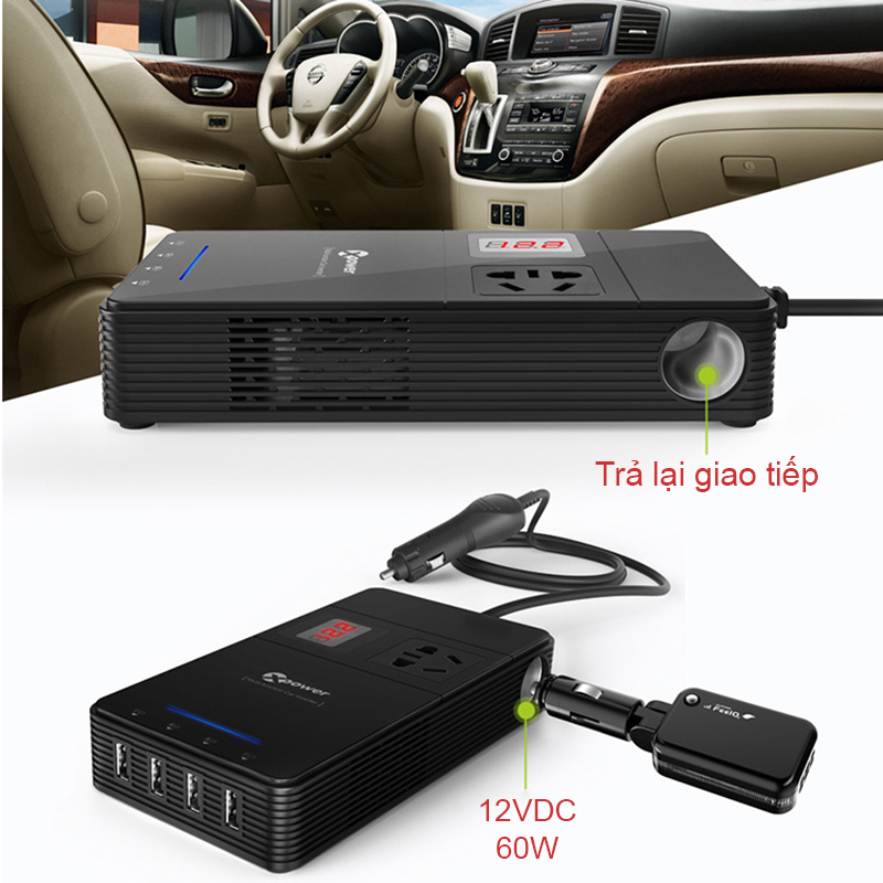 bo chuyen doi nguon 12v tren xe hơi sang ac220v-150w va 4 cong usb 5v-2.4a/1.5A