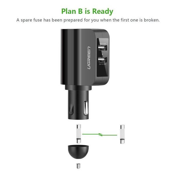 Tẩu sạc nguồn trên ô tô 2 cổng USB 2.4A và 1A Ugreen 20394 có đầu mở rộng 12V - Phụ Kiện Điện Tử Việt Nam