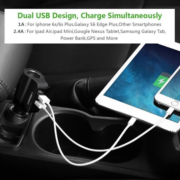 Tẩu sạc nguồn trên ô tô 2 cổng USB 2.4A và 1A Ugreen 20394 có đầu mở rộng 12V - Phụ Kiện Điện Tử Việt Nam