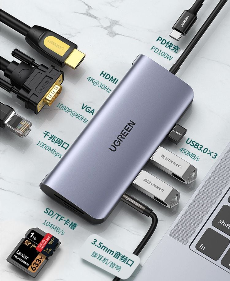 Bộ chuyển đổi đa năng 10 trong 1 USB C to HDMI + VGA + LAN 1Gbps + Hub USB3.0 + SD/TF + Audio Ugreen 80133 - Phụ Kiện Điện Tử Việt Nam