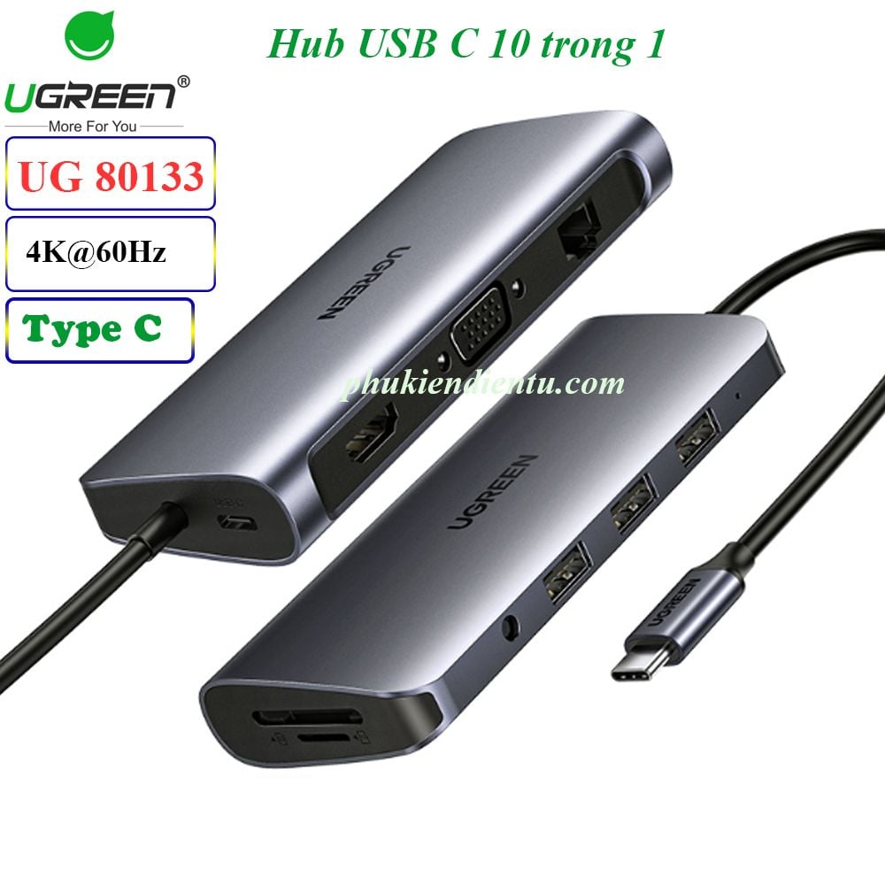 Bộ chuyển đổi đa năng 10 trong 1 USB C to HDMI + VGA + LAN 1Gbps + Hub USB3.0 + SD/TF + Audio Ugreen 80133 - Phụ Kiện Điện Tử Việt Nam