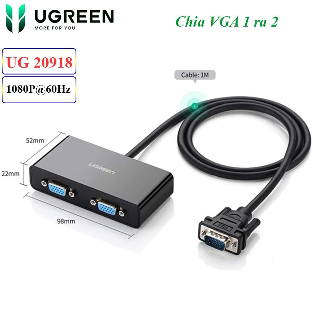 Bộ chia màn hình VGA 1 ra 2 Ugreen 20918 Hỗ trợ full HD 1080P@60Hz - Phụ Kiện Điện Tử Việt Nam