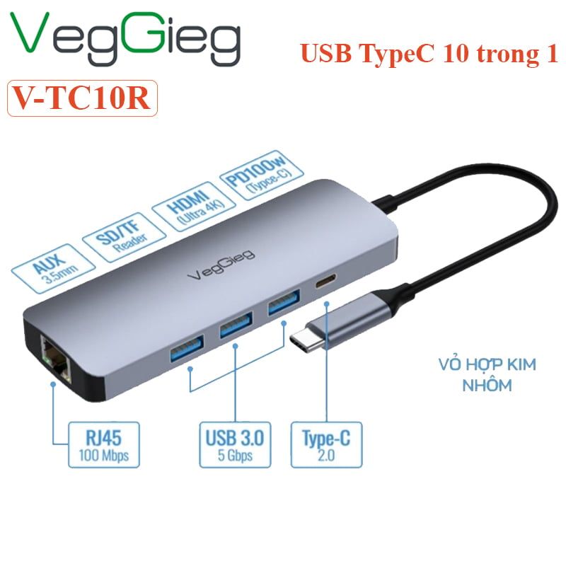 Bộ chuyển hub USB Type C 10 trong 1 Veggieg V-TC10R