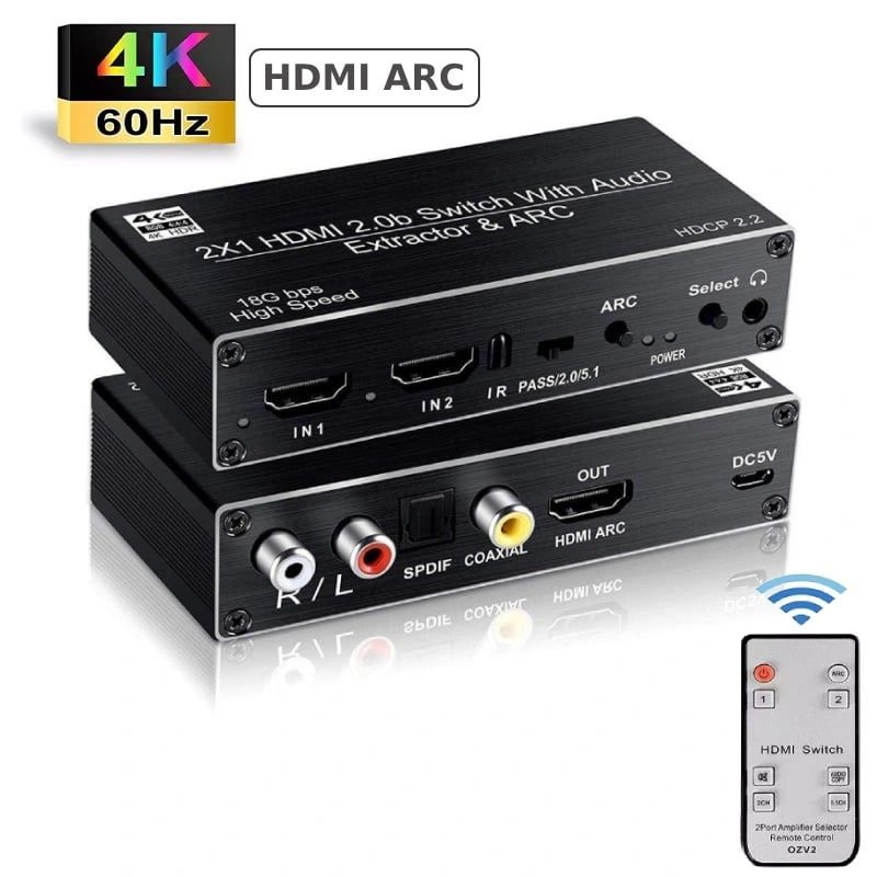 Switch HDMI 2 vào 1 ra chuẩn 2.0 4K@60Hz tách âm thanh HDMI ra Audio 3.5mm quang RCA có HDMI ARC OZV2 - Phụ Kiện Điện Tử Việt Nam