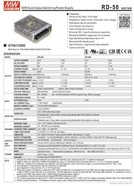 Bộ nguồn tổ ong 2 trong 1 Meanwell RD-50B 24v-1.4A , 5V-4A - Phụ Kiện Điện Tử Việt Nam