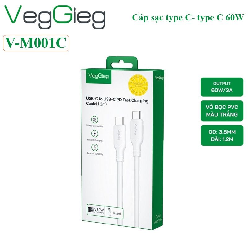 Cáp sạc điện thoại 2 đầu type C hỗ trợ sạc nhanh 60W Veggieg V-M001C