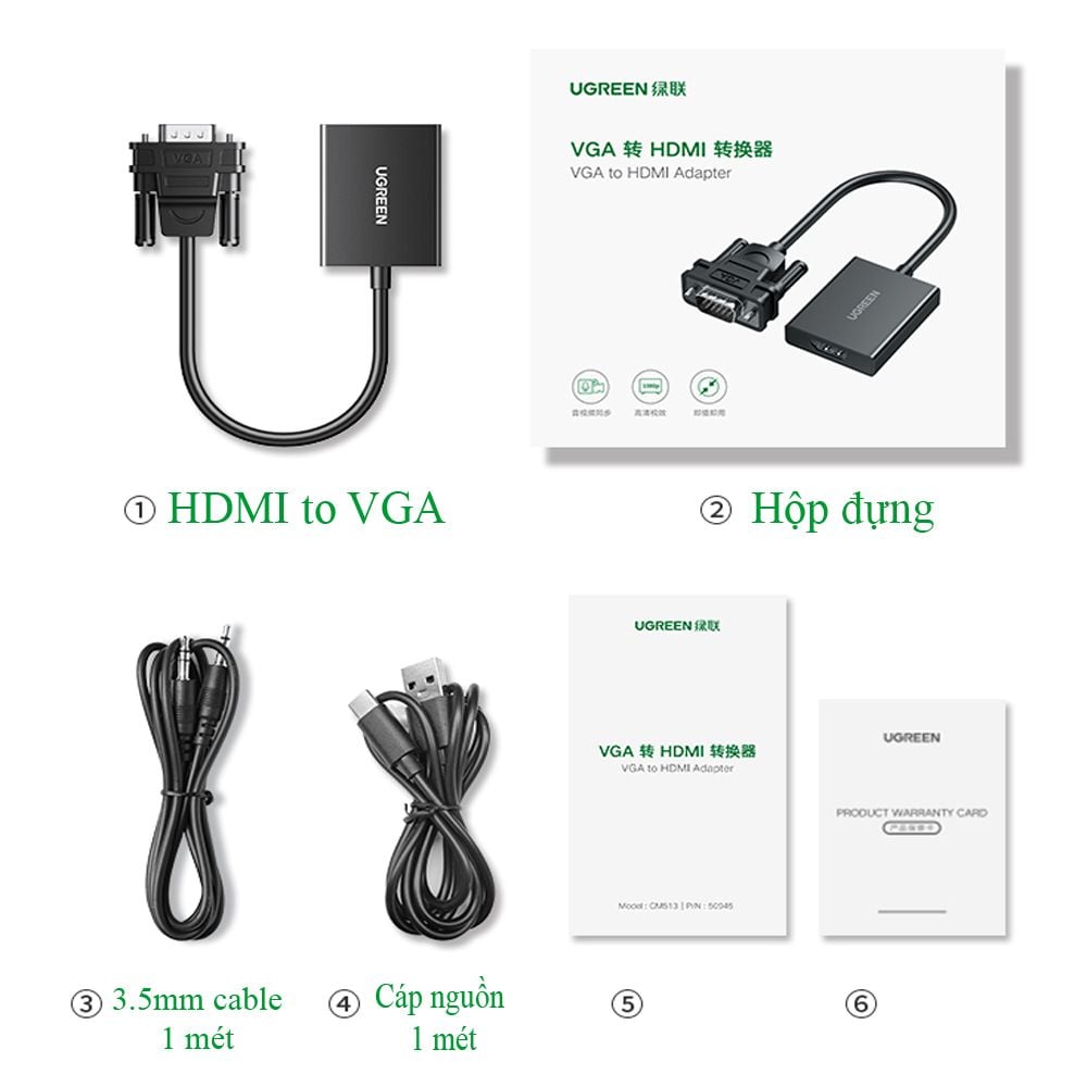 Cáp chuyển VGA Audio 3.5mm sang HDMI converter 1080P Ugreen 50945 CM513 - CM269 - Phụ Kiện Điện Tử Việt Nam