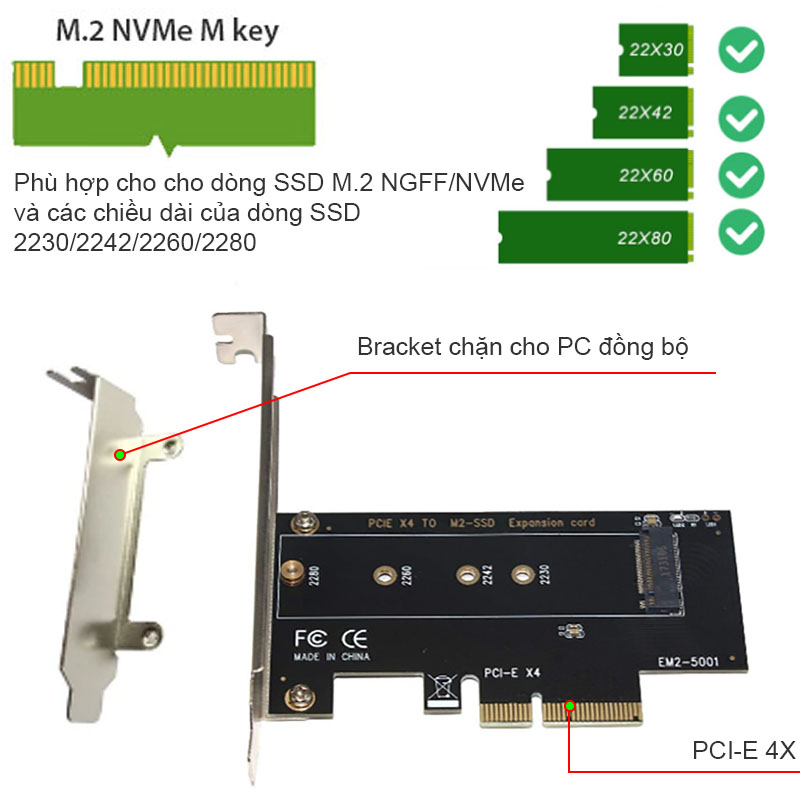 card pci-e 4x ra m.2 vnme ngff m key ssu-em2-5001