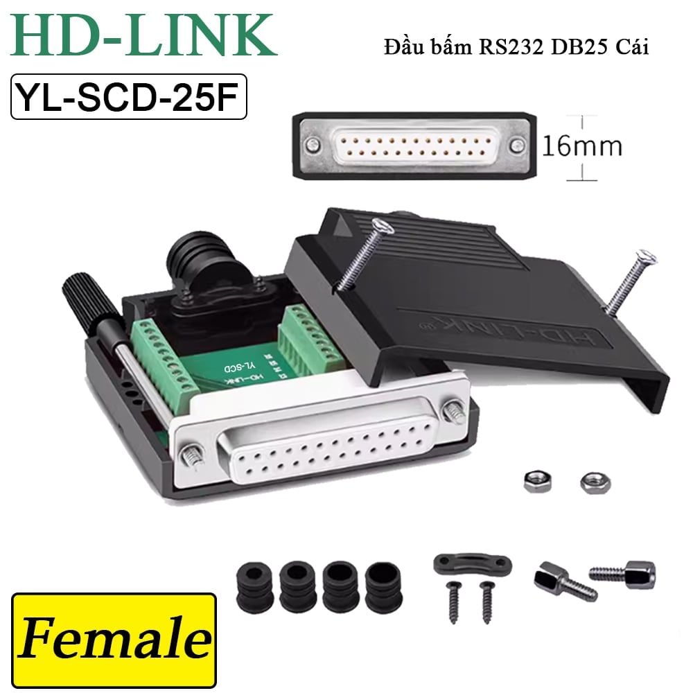 Đầu bấm cổng DB25 đực male bắt vít kèm vỏ ốp nhựa HD-LINK YL-SCD-25M