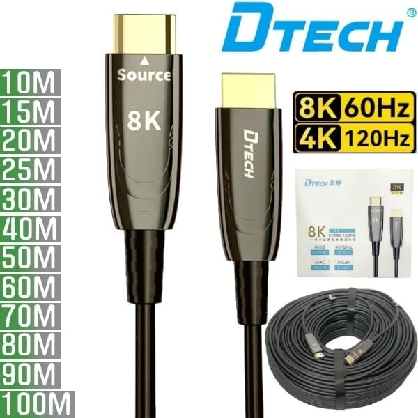 Dây cáp HDMI 2.1 sợi quang 8K@60Hz Dtech kích thước từ 10m đến 100m