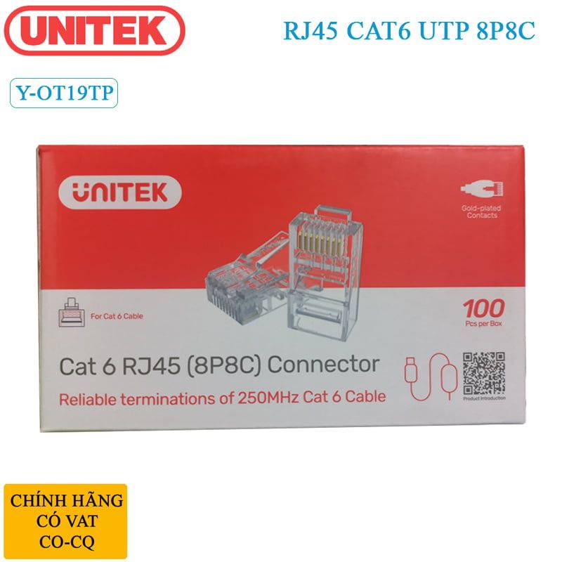 Hạt mạng, đầu bấm mạng RJ45 CAT6 UTP Unitek  Y-OT19TP ( hộp 100 hạt )