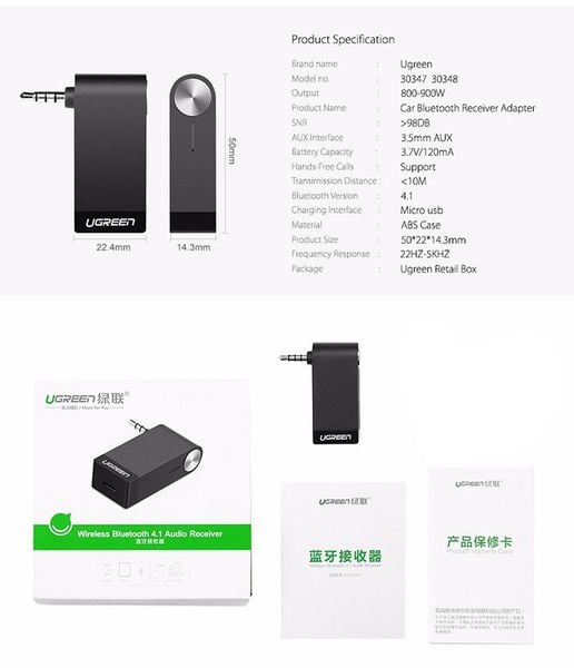 Đầu nhận Bluetooth 4.1 cho Loa Xe hơi có micro đàm thoại Ugreen 30348 - Phụ Kiện Điện Tử Việt Nam