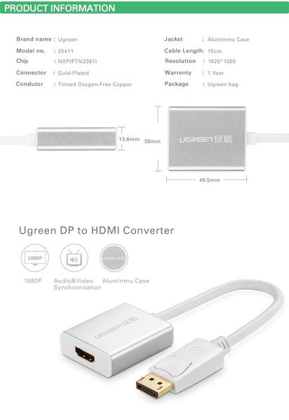 Displayport to HDMI Female 20cm Ugreen 20411 - Phụ Kiện Điện Tử Việt Nam