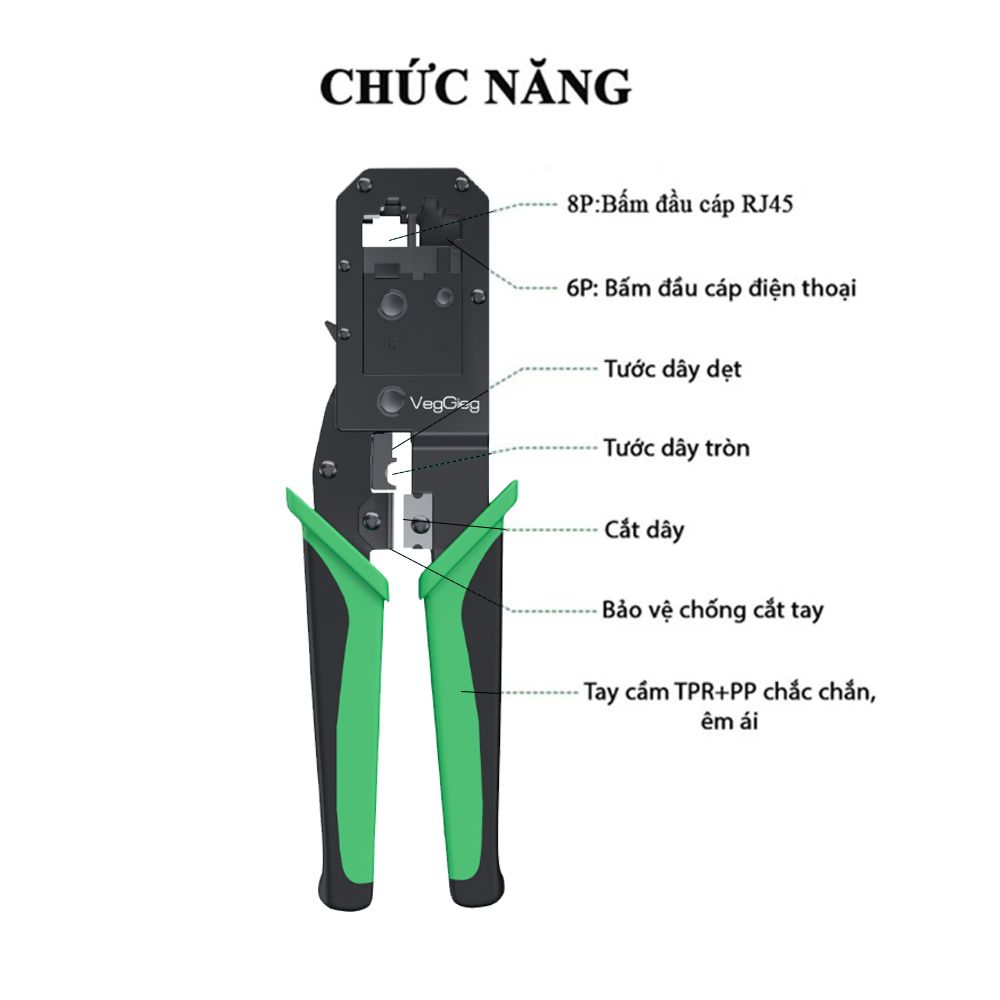 Kìm bấm đầu cáp mạng Cat5e Cat6 cáp điện thoại 6PIN 8PIN VEGGIEG V-E103 - Phụ Kiện Điện Tử Việt Nam