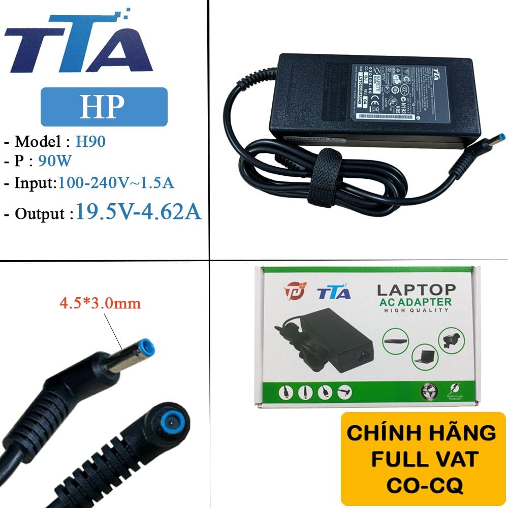 Bộ nguồn sạc pin laptop HP 19V-4.62A 90W chân 4.5x3.0mm chính hãng TTA - H90 - Phụ Kiện Điện Tử Việt Nam