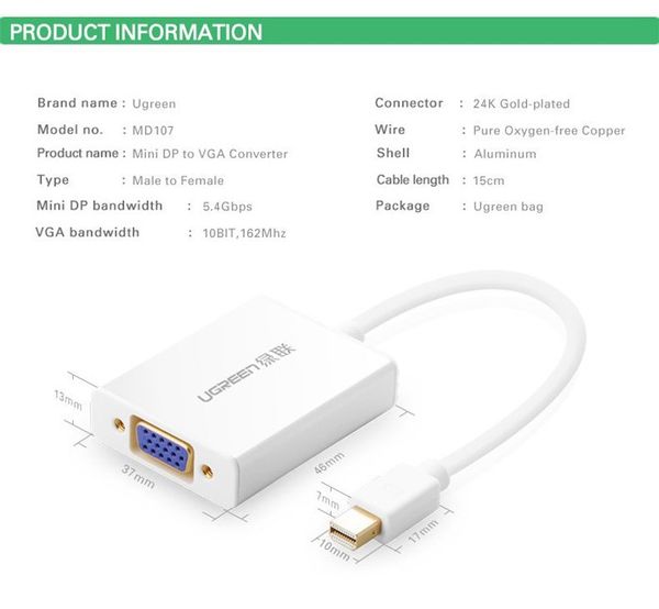 Mini DisplayPort ThunderBolt to VGA + audio ugreen 10437 - Phụ Kiện Điện Tử Việt Nam