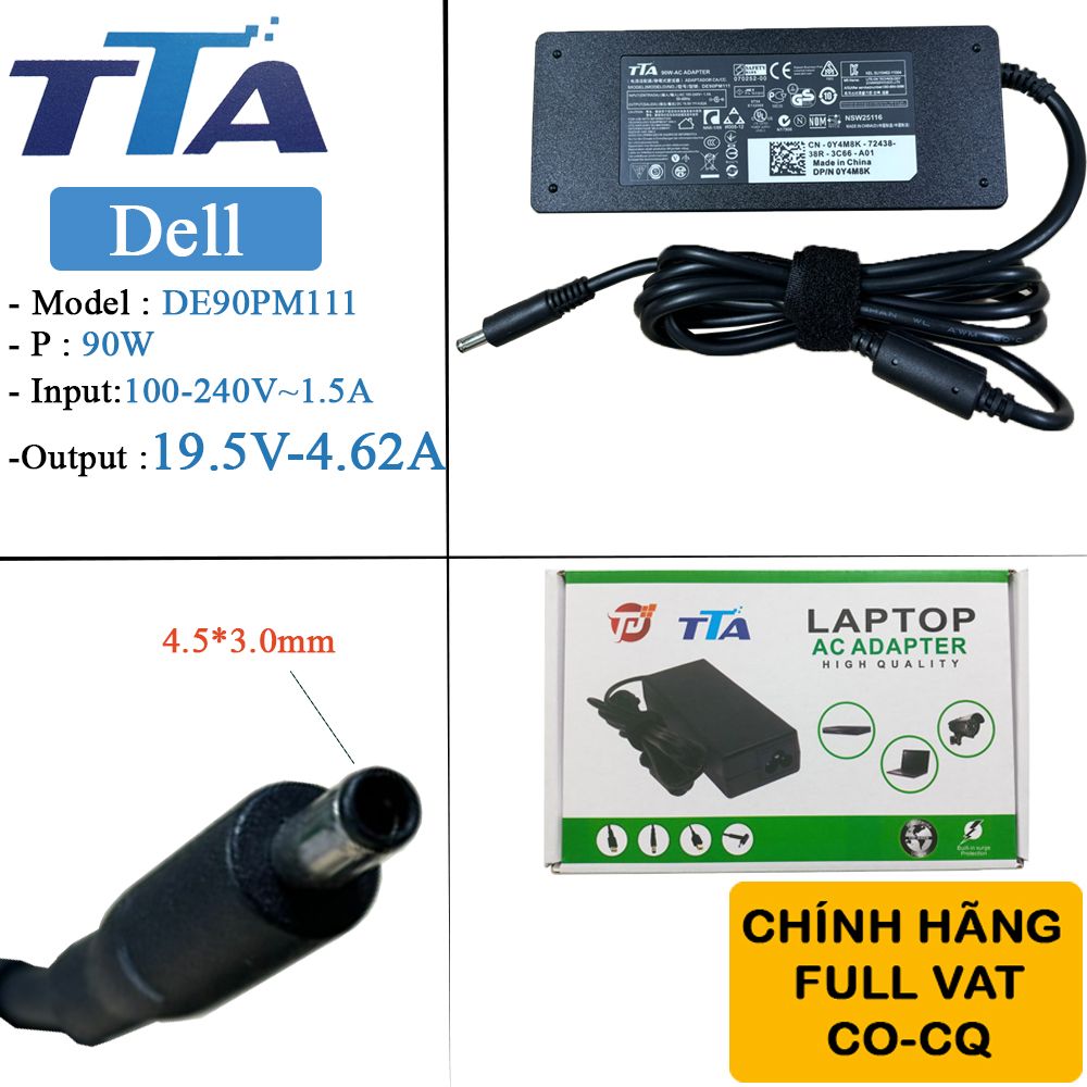 Bộ nguồn sạc pin laptop Dell 19.5V-4.62A 90W chân 4.5*3.0mm chính hãng TTA - DE-90PM111 - Phụ Kiện Điện Tử Việt Nam