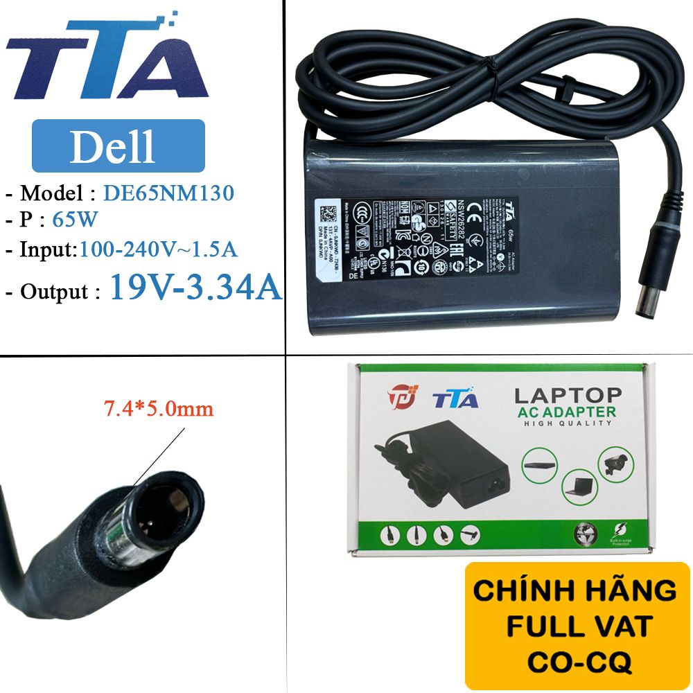 Bộ nguồn sạc pin laptop Dell 19.5V-3.34A 65W chân 7.4*5.0mm chính hãng TTA - DE-65NM130 - Phụ Kiện Điện Tử Việt Nam