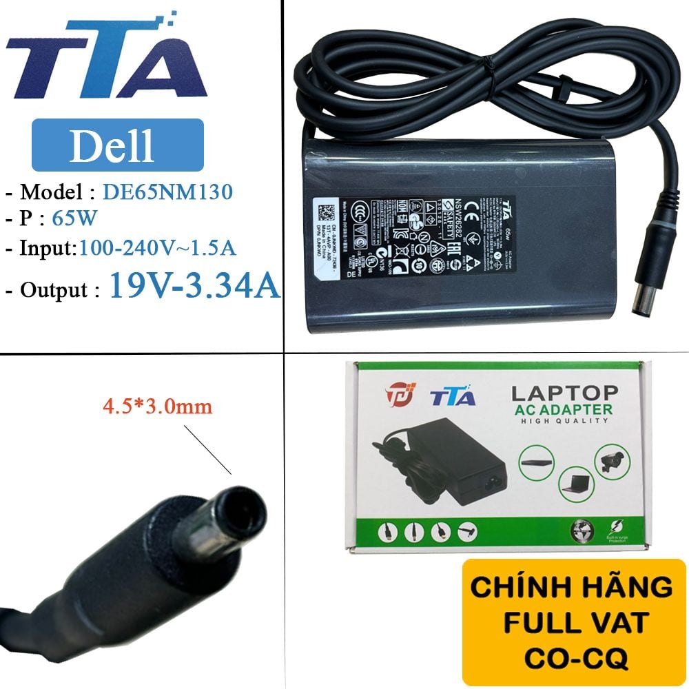 Bộ nguồn sạc pin laptop Dell 19.5V-3.34A 65W chân 4.5*3.0mm chính hãng TTA - DE-65NM130 - Phụ Kiện Điện Tử Việt Nam