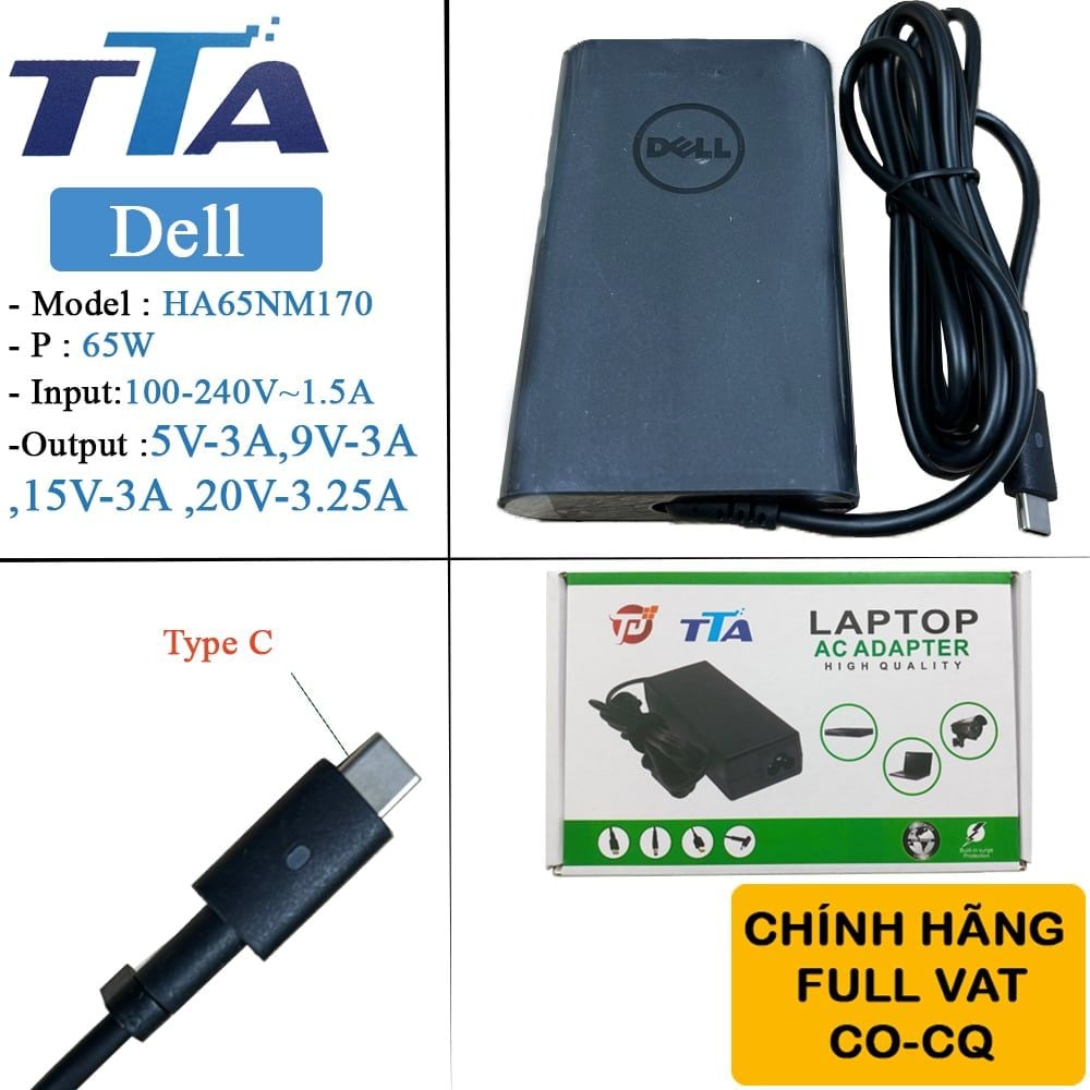 Bộ nguồn sạc pin laptop Dell 65W chân Type C chính hãng TTA - HA65NM170 - Phụ Kiện Điện Tử Việt Nam