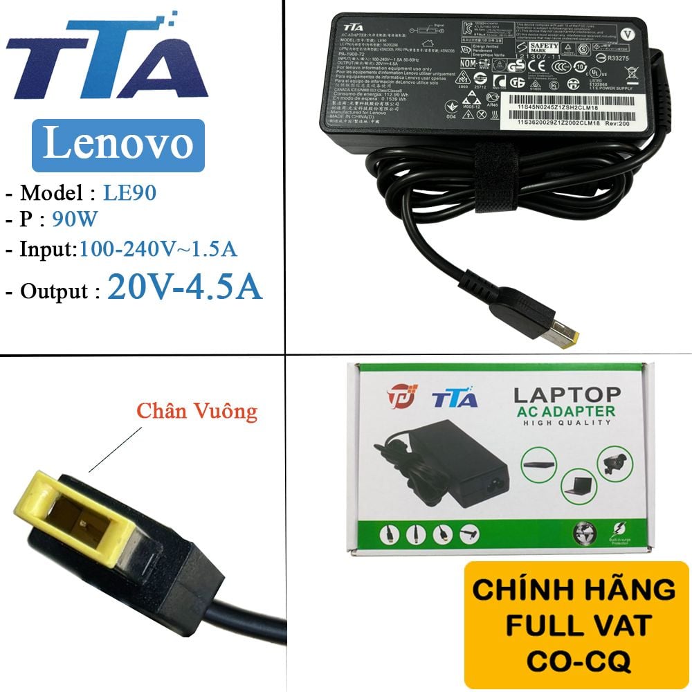 Bộ nguồn sạc pin laptop Lenovo 20V-4.5A 90W chân vuông chính hãng TTA - LE90 - Phụ Kiện Điện Tử Việt Nam