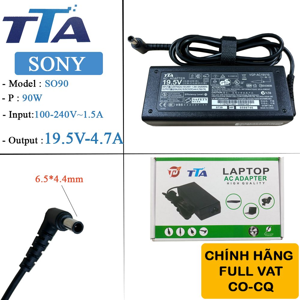 Bộ nguồn sạc pin laptop Sony 19.5V-4.7A 90W chân 6.5*4.4mm chính hãng TTA - SO90 - Phụ Kiện Điện Tử Việt Nam