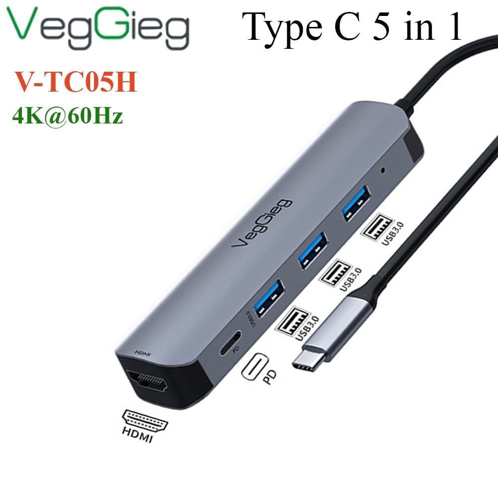 Bộ chuyển USB type C ra HDMI 4K*2k + USB 3.0*3 VEGGIEG V-TC05H - Phụ Kiện Điện Tử Việt Nam