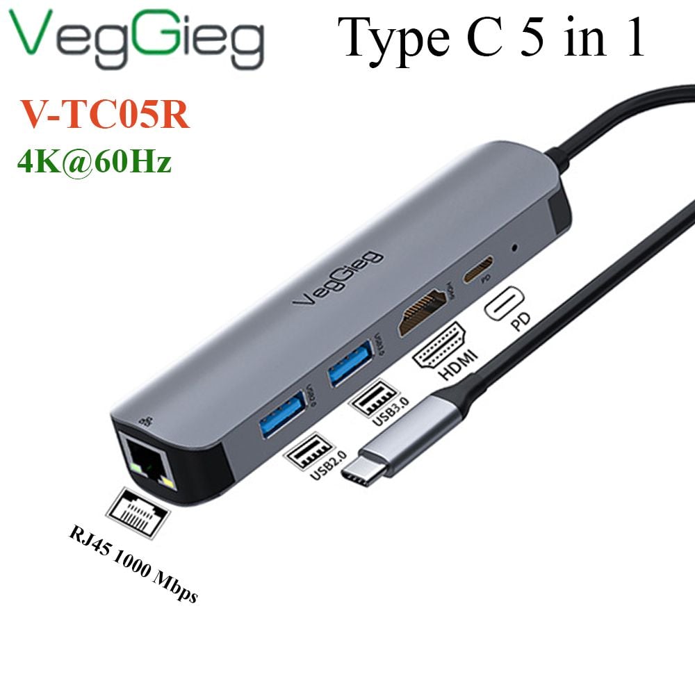 Bộ chuyển USB type C ra HDMI 4K*2k + USB 3.0*1 + USB 2.0*1 + RJ45 VEGGIEG V-TC05R - Phụ Kiện Điện Tử Việt Nam