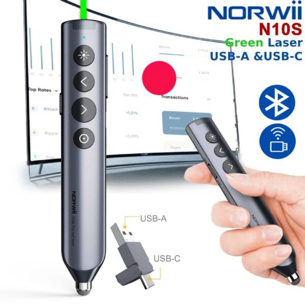 Bút trình chiếu Bluetooth dùng cho màn hình tương tác, LED Norwii N10S Pro laser màu xanh