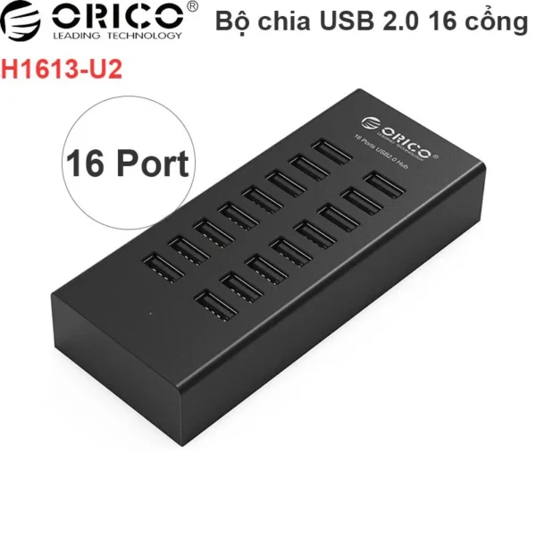 Bộ chia USB 2.0 16 cổng Orico H1613-U2-BK, hỗ trợ nguồn cấp ngoài 12V-3A