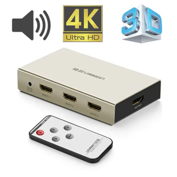 Bộ chuyển mạch HDMI 3x1 Ugreen 40278 hỗ trợ 3D 4K30Hz có điều khiển