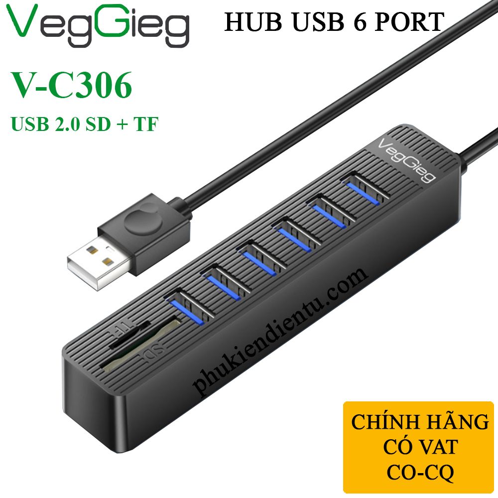 Bộ Chia USB 2.0 ra 3 Cổng USB và Đọc Thẻ Nhớ SD/TF Chính Hãng Veggieg V-C303 - Hub USB 5 trong 1 - Phụ Kiện Điện Tử Việt Nam