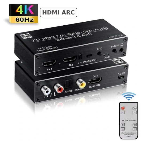 Switch HDMI 2 vào 1 ra chuẩn 2.0 4K@60Hz tách âm thanh HDMI ra Audio 3.5mm quang RCA có HDMI ARC OZV2