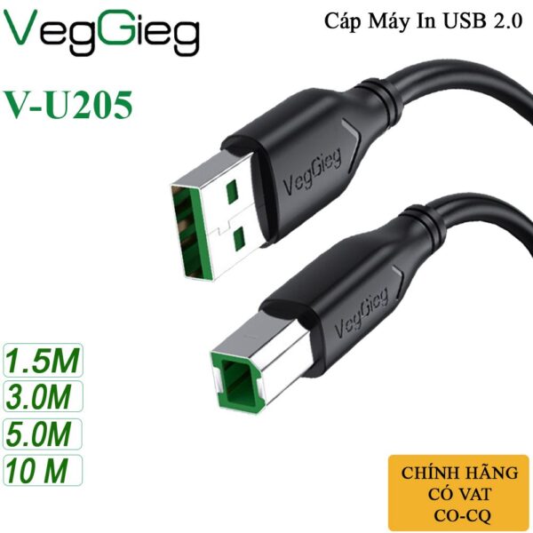 Dây máy in USB 2.0 chính hãng Veggieg dài 1.5M, 3M, 5M, 10M