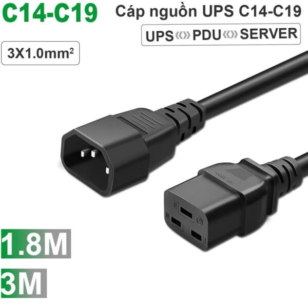 Dây cáp nguồn UPS C14-C19 lõi đồng 3x1.0mm2  15A-250V dài 1.8M, 3M