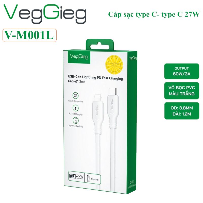 Bộ sạc nhanh 20W kèm cáp type C sang lightning dài 1.2M Veggieg V-M102 - Phụ Kiện Điện Tử Việt Nam