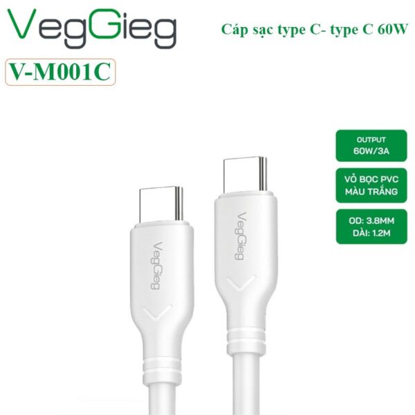 Cáp sạc điện thoại 2 đầu type C hỗ trợ sạc nhanh 60W Veggieg V-M001C