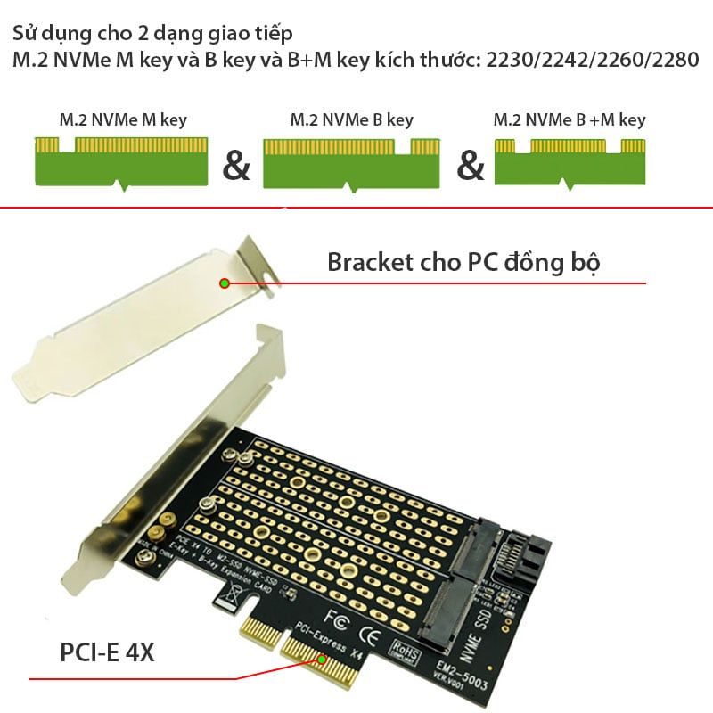 Card chuyển SSD M.2 NGFF NVMe ra PCI-E4X SSU-EM2-5003 - Hỗ trợ B, M, B&M key - Phụ Kiện Điện Tử Việt Nam