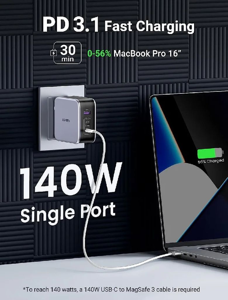 Củ sạc nhanh 140W GaN Nexode USB Type C Ugreen 90548 với 3 cổng sạc 2x USB-C, 1x USB-A - Phụ Kiện Điện Tử Việt Nam