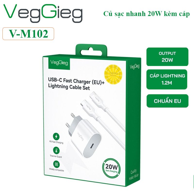 Bộ sạc nhanh 20W kèm cáp type C sang lightning dài 1.2M Veggieg V-M102 - Phụ Kiện Điện Tử Việt Nam