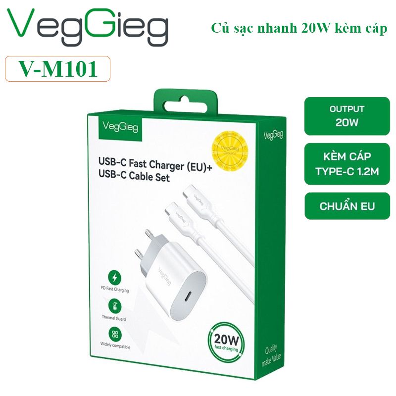 Bộ sạc nhanh 20W kèm cáp Type C dài 1.2M Veggieg V-M101 - Phụ Kiện Điện Tử Việt Nam