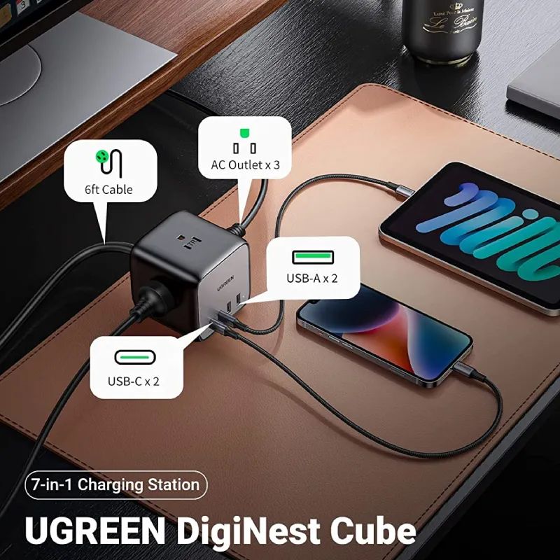 Cục sạc nhanh 65W GaN 3 DigiNest Cube 2xUSB C, 2xUSB A, 3xAC Ugreen 40861 CD268 - Phụ Kiện Điện Tử Việt Nam