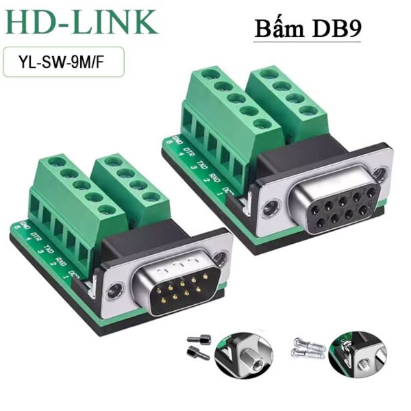 Đầu giắc kết nối đầu cuối Terminal Block COM DB9 RS232 RS422 RS485 đực - cái HD-Link YL-SW-9M/F