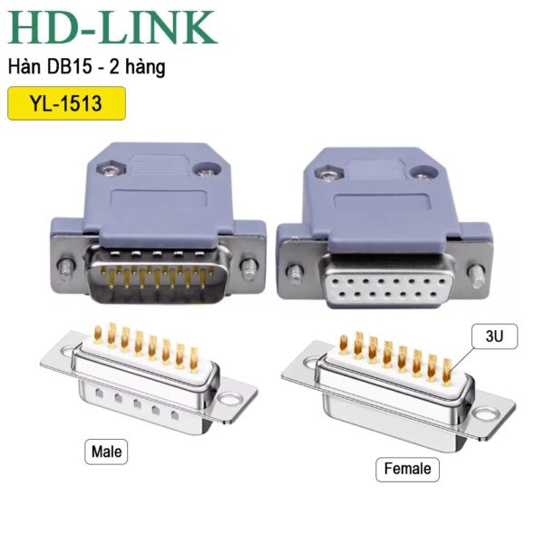 Đầu hàn Com RS232 DB15 chân đồng vỏ ốp nhựa cứng HD-Link YL-1513