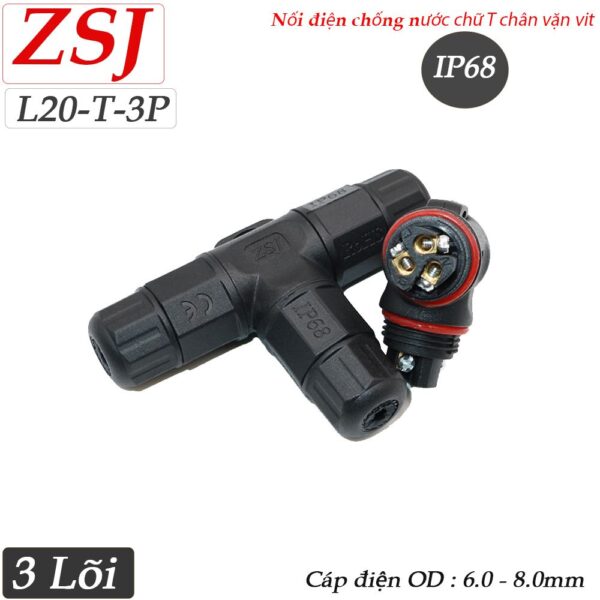 Đầu nối điện ngoài trời phân nhánh chữ T 3 lõi chống nước IP68 5-8mm ZSJ L20T3