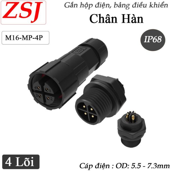 Đầu nối dây điện chống nước lắp bảng điều khiển chuẩn IP68 chính hãng ZSJ M16-MP-4P chân Hàn