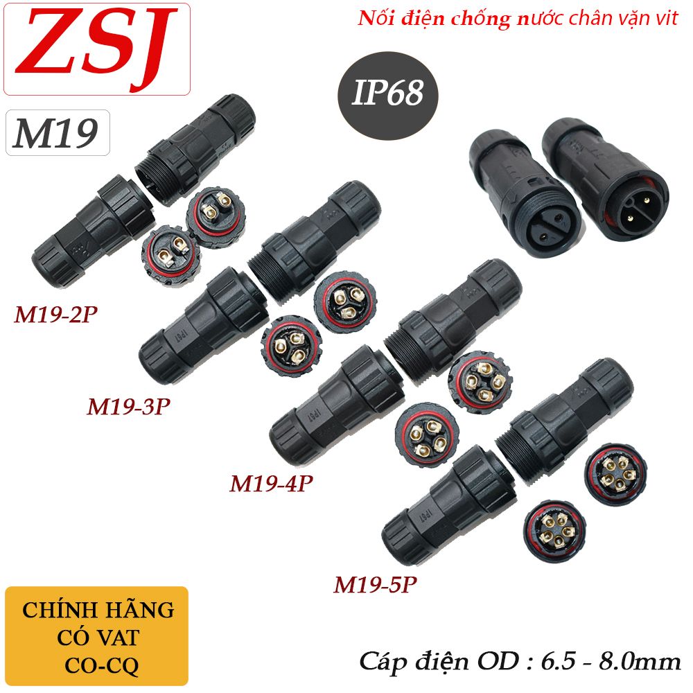 Đầu nối dây điện chống nước chuẩn IP68 chính hãng ZSJ M19 2,3,4,5 lõi chân bắt vít - Phụ Kiện Điện Tử Việt Nam