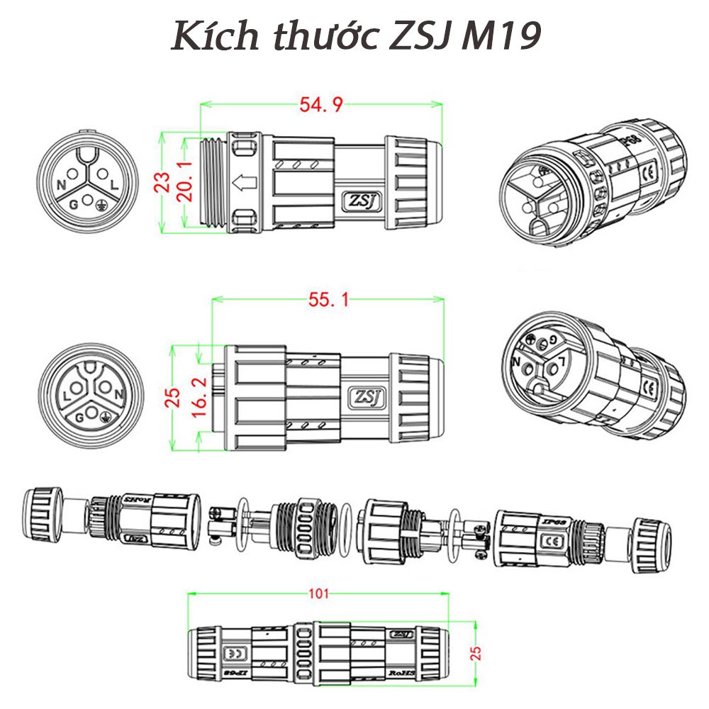 Đầu nối dây điện chống nước chuẩn IP68 chính hãng ZSJ M19 2,3,4,5 lõi chân bắt vít - Phụ Kiện Điện Tử Việt Nam