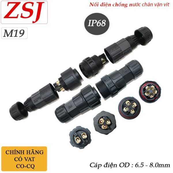 Đầu nối dây điện chống nước chuẩn IP68 chính hãng ZSJ M19 2,3,4,5 lõi chân bắt vít