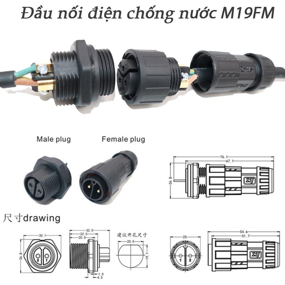 Đầu nối dây điện chống nước lắp bảng điều khiển IP68 chính hãng ZSJ M19-FP - Phụ Kiện Điện Tử Việt Nam